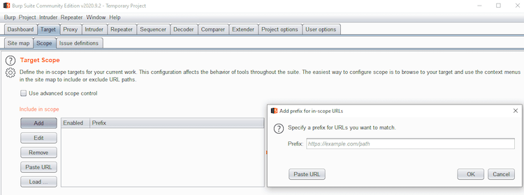 Figure 1: Adding target URLs to scope in Burp Suite